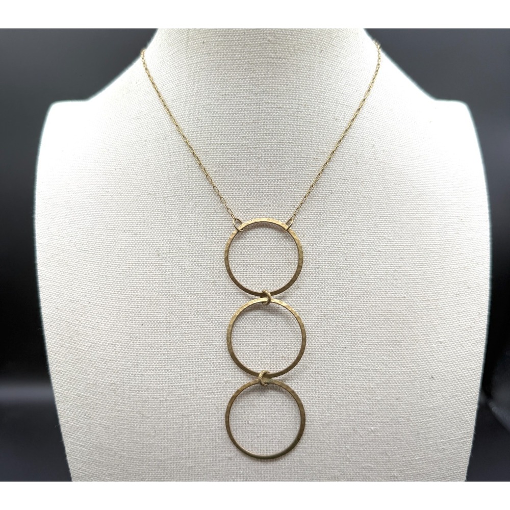 Gold Tone Hammered Triple Circle Pendant Necklace Minimalist Geometric Boho